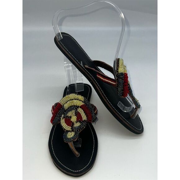 Handmade African Beaded, Leather Maasai Sandals Multicolor Size 9.5 approx. - Picture 9 of 11